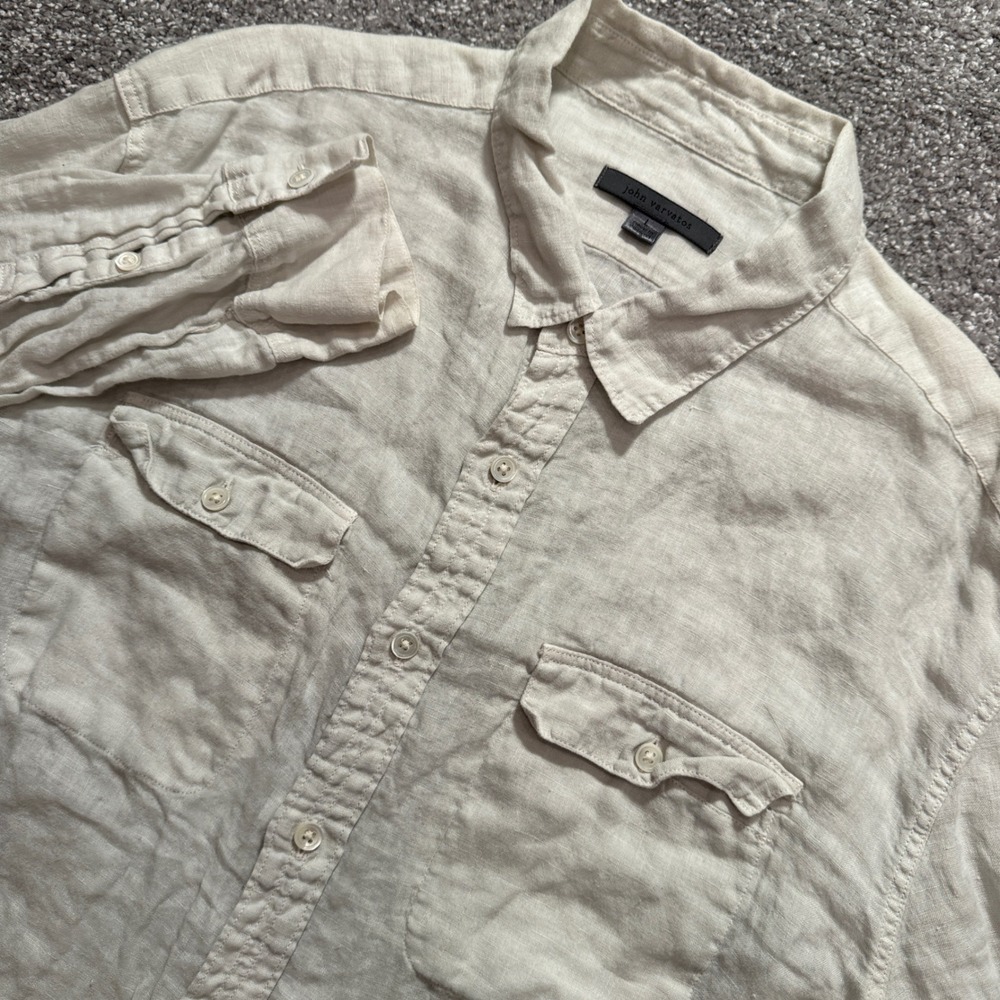 John Varvatos Shirt Men L Beige 100% Linen Beach Luxury Coastal Utility Beach